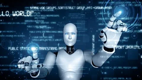 MLB Futuristic robot artificial intelligence huminoid AI programming coding Stock Illustration