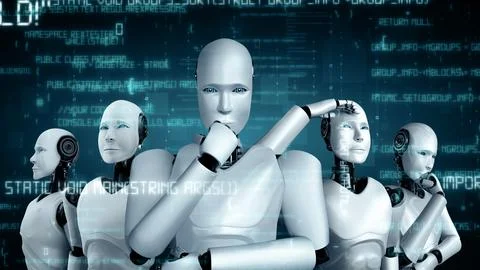 MLB Futuristic robot artificial intelligence huminoid AI programming coding Illustrazione stock