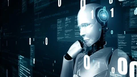 MLB Futuristic robot artificial intelligence huminoid AI programming coding Illustrazione stock