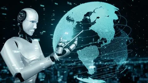 MLB Futuristic robot artificial intelligence huminoid AI data analytic Stock Illustration