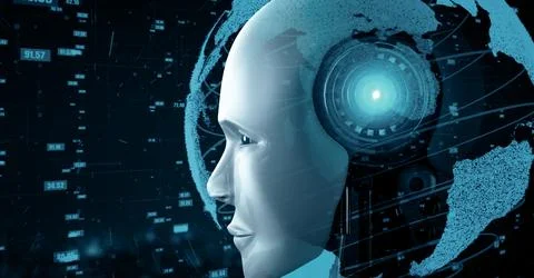 MLB Futuristic robot artificial intelligence huminoid AI data analytic Stock Illustration