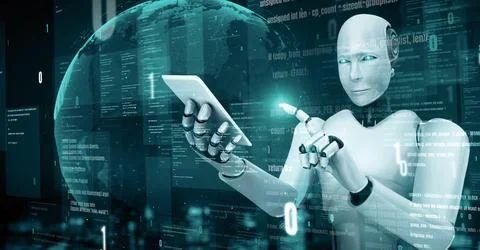 MLB Futuristic robot artificial intelligence huminoid AI programming coding Illustrazione stock