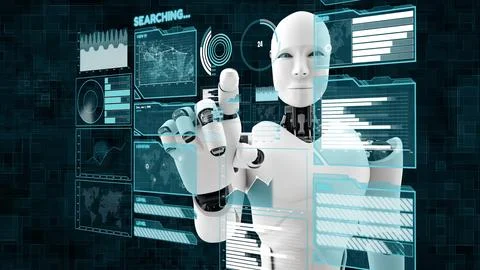 MLB Futuristic robot, artificial intelligence CGI big data analytics and Stock Illustration