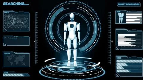 MLB Futuristic robot, artificial intelligence CGI big data analytics and Stock Illustration
