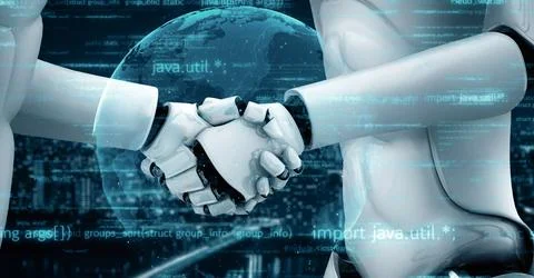 MLB Futuristic robot artificial intelligence huminoid AI programming coding Illustrazione stock