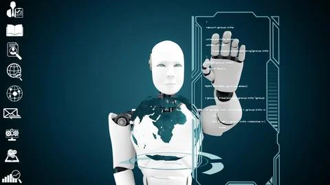 MLB Futuristic robot, artificial intelligence CGI big data analytics and Stock Illustration