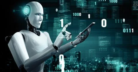 MLB Futuristic robot artificial intelligence huminoid AI programming coding Stock Illustration