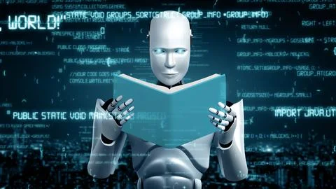 MLB Futuristic robot artificial intelligence huminoid AI programming coding Illustrazione stock