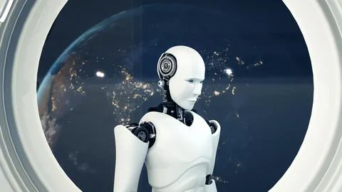 MLB Futuristic robot, artificial intelligence CGI inside spaceship in space 库存插图