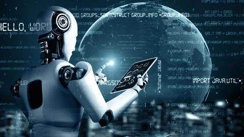 MLB Futuristic robot artificial intelligence huminoid AI programming coding Stock Illustration