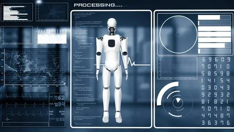 MLB Futuristic robot, artificial intelligence CGI big data analytics and Illustrazione stock