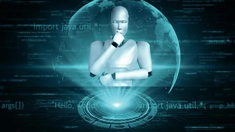 MLB Futuristic robot artificial intelligence huminoid AI programming coding Illustrazione stock