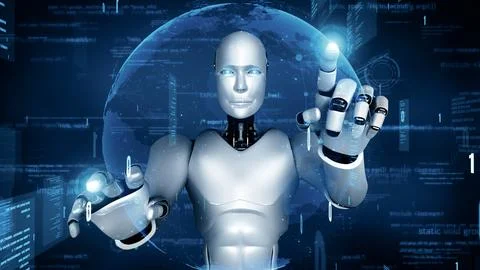 MLB Futuristic robot artificial intelligence huminoid AI programming coding Stock Illustration