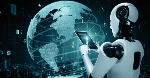 MLB Futuristic robot artificial intelligence huminoid AI for industrial factory Illustrazione stock