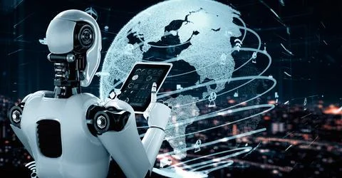 MLB Futuristic robot artificial intelligence huminoid AI transportation analytic Stock Illustration