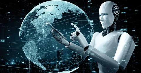 MLB Futuristic robot artificial intelligence huminoid AI data analytic Stock Illustration