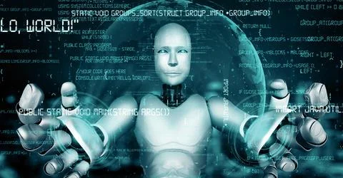 MLB Futuristic robot artificial intelligence huminoid AI programming coding Illustrazione stock