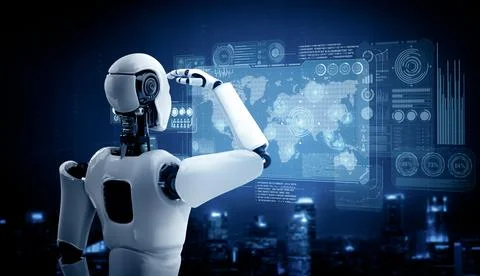MLB Humanoid AI robot looking at hologram screen showing concept of big data Stock Illustration
