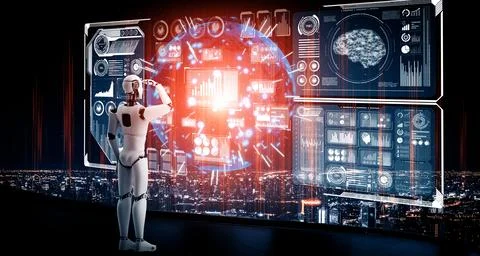 MLB Humanoid AI robot looking at hologram screen showing concept of big data 库存插图