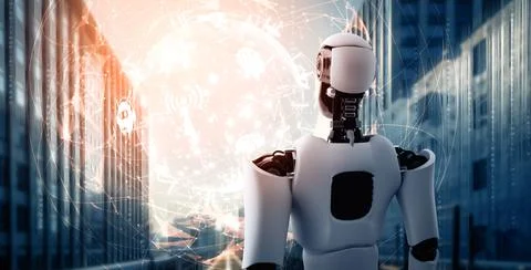 MLB Humanoid AI robot looking at hologram screen showing concept of 스톡 일러스트