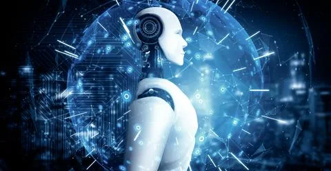 MLB Humanoid AI robot looking at hologram screen showing concept of Stock Illustration