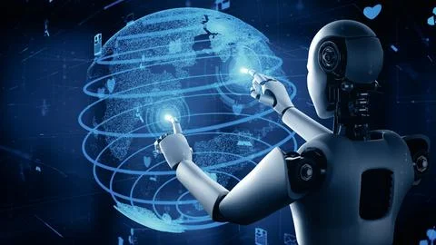 MLB Internet connection controlled by AI robot huminoid and machine learning Stock Illustration