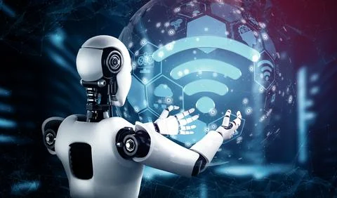 MLB Internet connection controlled by AI robot and machine learning process Illustrazione stock