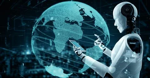 MLB Internet connection controlled by AI robot huminoid and machine learning 스톡 일러스트