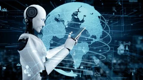 MLB Internet connection controlled by AI robot huminoid and machine learning イラスト素材