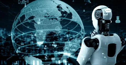 MLB Internet connection controlled by AI robot huminoid and machine learning Illustrazione stock