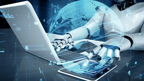 MLB Internet connection controlled by AI robot huminoid and machine learning Stock Illustration