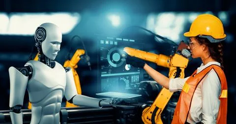MLB Mechanized industry robot and human worker working together in future Stock Photos