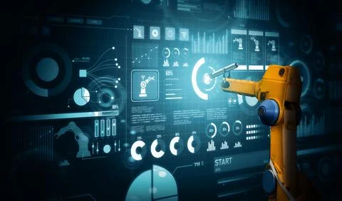 MLB Robot arm AI analyzing mathematics for mechanized industry problem solving 스톡 사진