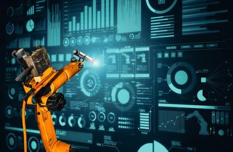 MLB Robot arm AI analyzing mathematics for mechanized industry problem solving Foto stock