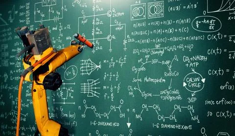 MLB Robot arm AI analyzing mathematics for mechanized industry problem solving Foto stock