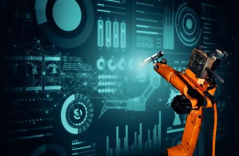 MLB Robot arm AI analyzing mathematics for mechanized industry problem solving Foto stock