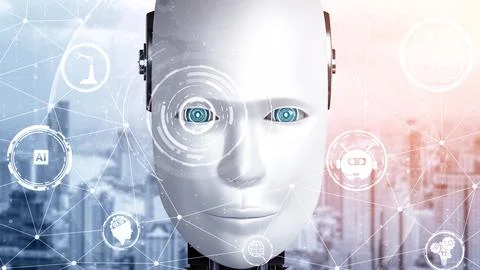 MLB Robot hominoid face close up with graphic concept of AI thinking brain Stock Illustration