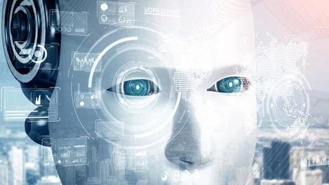 MLB Robot hominoid face close up with graphic concept of big data analytic イラスト素材
