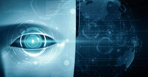 MLB Robot hominoid face close up with graphic concept of big data analytic 库存插图