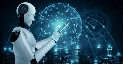 MLB Robot hominoid use mobile phone or tablet for global network connection Stock Illustration