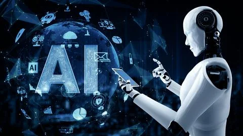 MLB Robot hominoid use mobile phone or tablet in concept of AI thinking brain イラスト素材