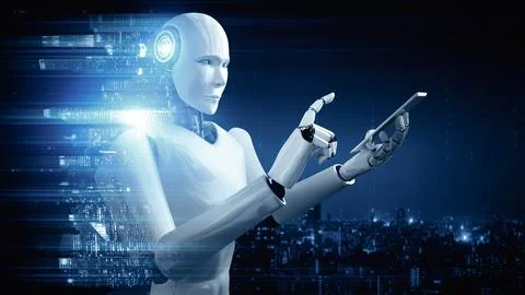 MLB Robot hominoid use mobile phone or tablet for global network connection Stock Illustration