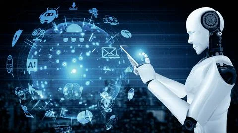 MLB Robot hominoid use mobile phone or tablet for global network connection Stock Illustration