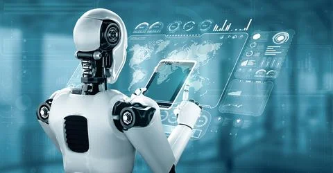 MLB Robot hominoid using tablet computer for big data analytic Stock Illustration