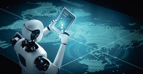 MLB Robot hominoid using tablet computer for big data analytic Stock Illustration