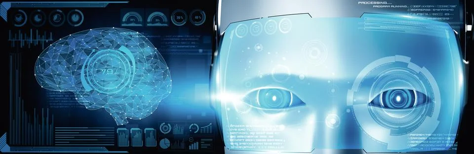 MLB Robot humanoid face close up with graphic concept of AI thinking brain Stock Illustration