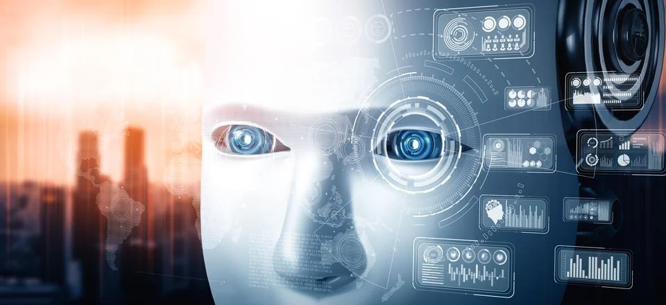 MLB Robot humanoid face close up with graphic concept of big data analytic Stock Illustration