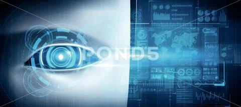 MLB Robot humanoid face close up with graphic concept of big data analytic Illustrazione stock