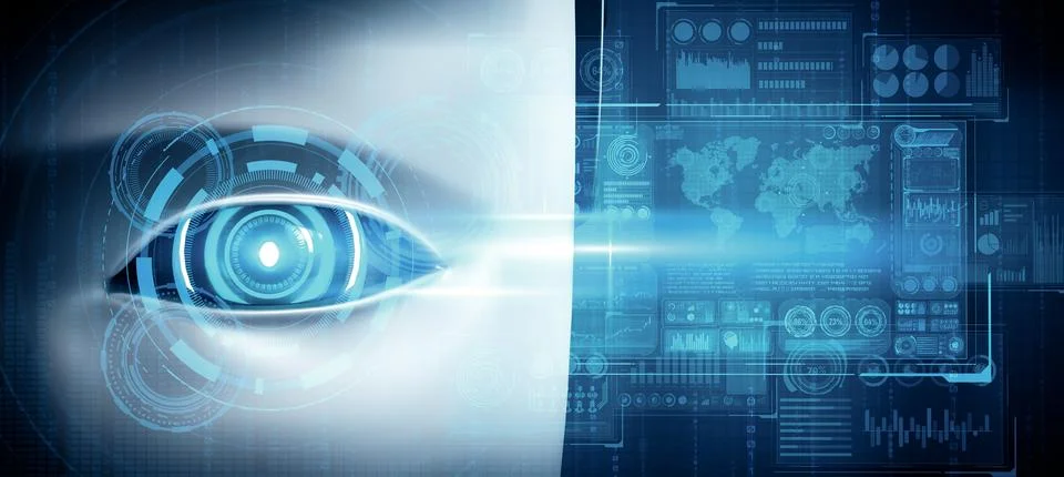 MLB Robot humanoid face close up with graphic concept of big data analytic Stock Illustration