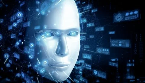 MLB Robot humanoid face close up with graphic concept of big data analytic Illustrazione stock